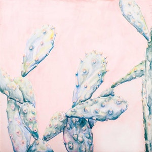 May include: A watercolor painting of a prickly pear cactus with light blue and green leaves on a pink background.