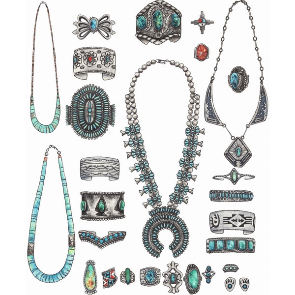 Old Pawn I. Turquoise Jewelry Collection . giclee print of original illustration by Hilary Wootton. two sizes available