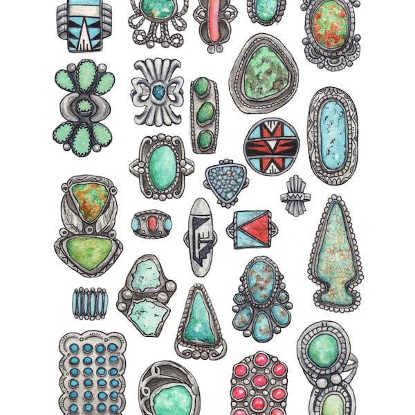 Oude Pion II . Turquoise Ring Sieraden Collectie . Navajo. Hopi. Zuni. giclee print van originele illustratie . twee maten beschikbaar