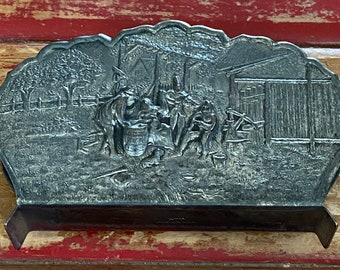 Vintage Napkin Holder Denmark Silver Plated J.L.H. Prima Alp Import Rustic Country Scene