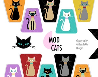 MOD CATS - Mid Century Modern Cat Clipart Set - Includes 11 Cats and 7 Retro Shapes