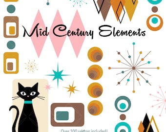 Mid Century Modern Elements Clipart Set - Retro, Atomic Shapes and Cats (Pastel/Muted Colors)