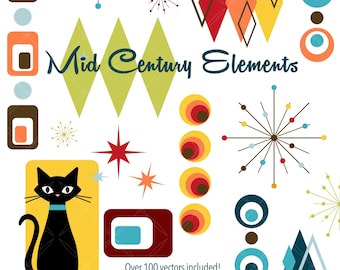 Mid Century Modern Elements Clipart Set - Retro, Atomic Shapes and Cats (Vibrant Colors)