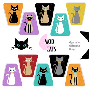 Pode incluir: Um conjunto de dez imagens de clipart digital que apresentam gatos de estilo retrô em várias cores e poses. Os gatos são representados em um estilo moderno de meados do século, com cores vibrantes e linhas simples. O texto "MOD CATS" aparece no centro da imagem.