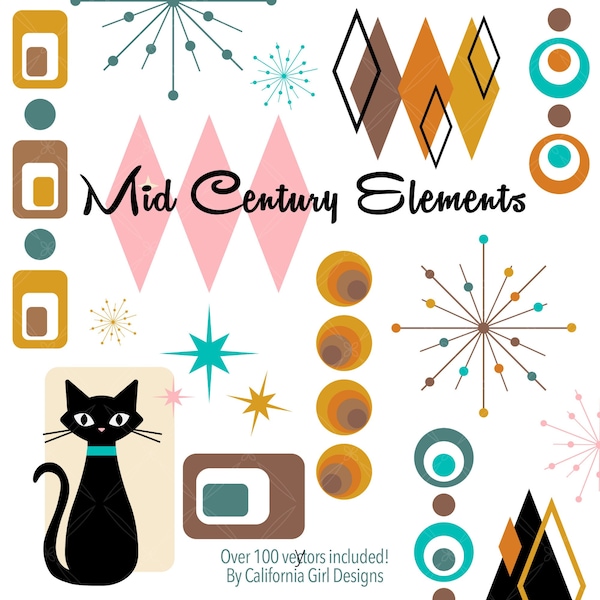 Mid Century Modern Elements Clipart Set - Retro, Atomic Shapes and Cats (Pastel/Muted Colors)