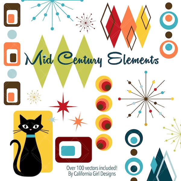 Conjunto de imágenes prediseñadas de elementos modernos de mediados de siglo: retro, formas atómicas y gatos (colores vibrantes)