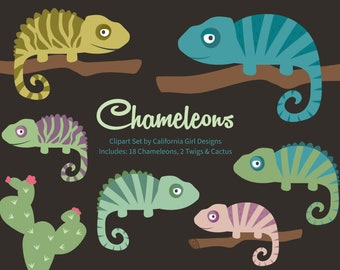 Chameleon Clipart Set - 18 Cute and Colorful Chameleons, Cactus and 2 Branches - Instant Digital Download PNG