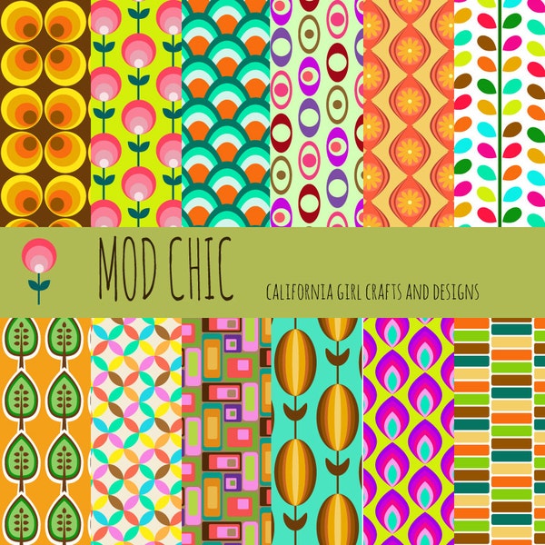 Mod Chic Digital Paper - Vibrant Colorful Mod Retro Boho Mid-Century 12 by 12 Instant Digital Download