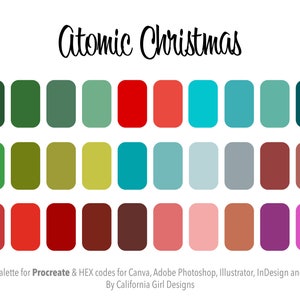 May include: A color palette with the title "Atomic Christmas" featuring 20 different colors in a grid format. The colors include shades of green, red, blue, teal, brown, pink, and purple.