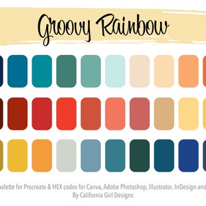 May include: A color palette with the title "Groovy Rainbow" featuring 24 color swatches in a variety of shades of blue, green, red, orange, yellow, and brown.