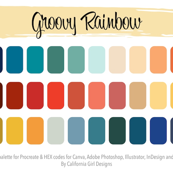 Groovy Rainbow Color Palette for Procreate and HEX Codes for Canva and Adobe Creative Suite - 30 Colors Included