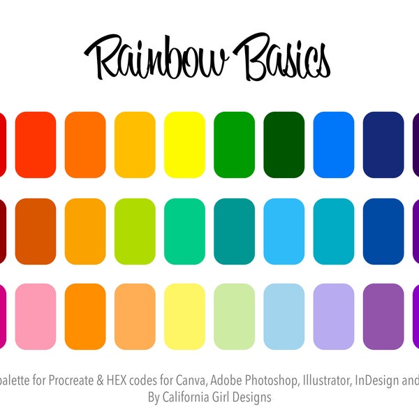 Rainbow Basics Color Palette for PROCREATE and HEX Codes Usable in Canva and Adobe Creative Suite - 30 Colors Included