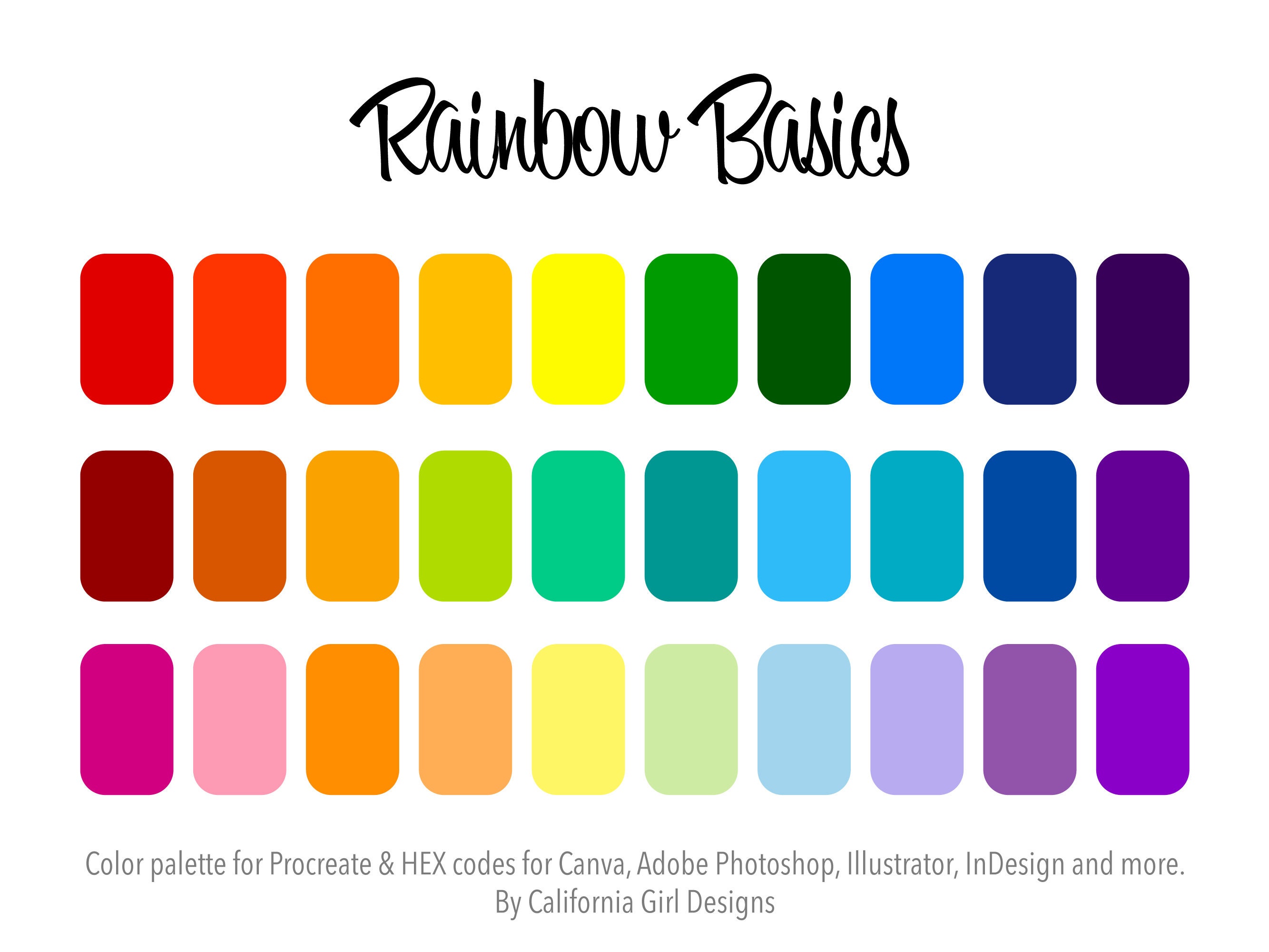 Rainbow Basics Color Palette for PROCREATE and HEX Codes Usable in