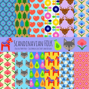 May include: A digital paper pack with 12 Scandinavian folk patterns. The patterns include a red and yellow Dala horse, a wolf, a pear, a deer, a flower, a heart, a tree, a geometric pattern, and a triangle pattern. The patterns are in a variety of colors, including red, yellow, blue, green, and pink.