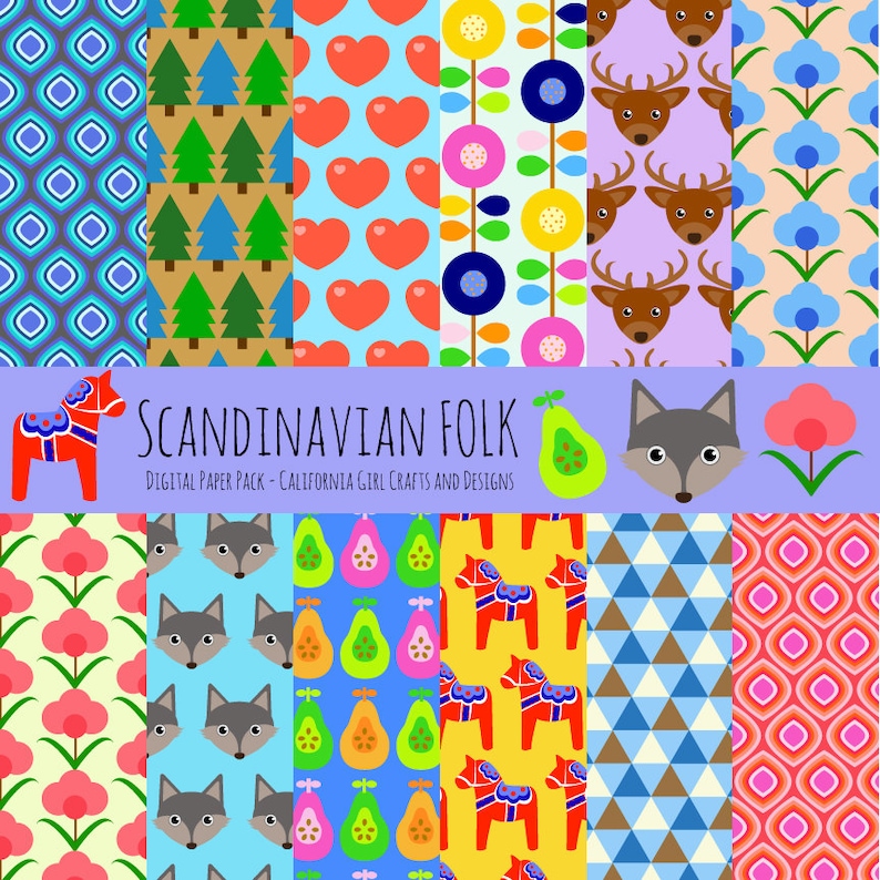 May include: A digital paper pack with 12 Scandinavian folk patterns. The patterns include a red and yellow Dala horse, a wolf, a pear, a deer, a flower, a heart, a tree, a geometric pattern, and a triangle pattern. The patterns are in a variety of colors, including red, yellow, blue, green, and pink.