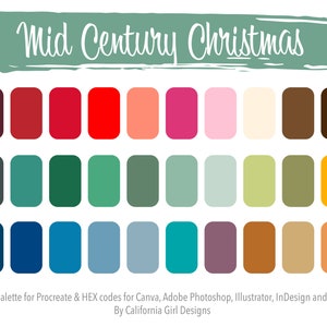 Mid Century Modern Christmas Color Palette for Procreate and HEX Codes for Canva and Adobe Creative Suite - 30 Colors Included