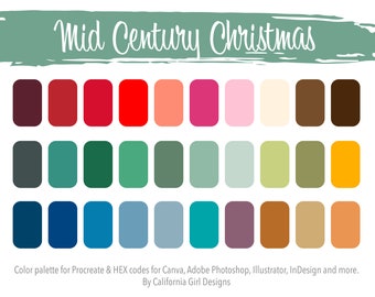 Mid Century Modern Christmas Color Palette for Procreate and HEX Codes for Canva and Adobe Creative Suite - 30 Colors Included