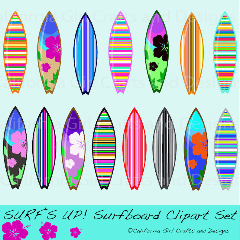 May include: Set of 12 colorful surfboard clip art images. The surfboards have various patterns, including stripes, flowers, and geometric designs. The background is a light blue color.