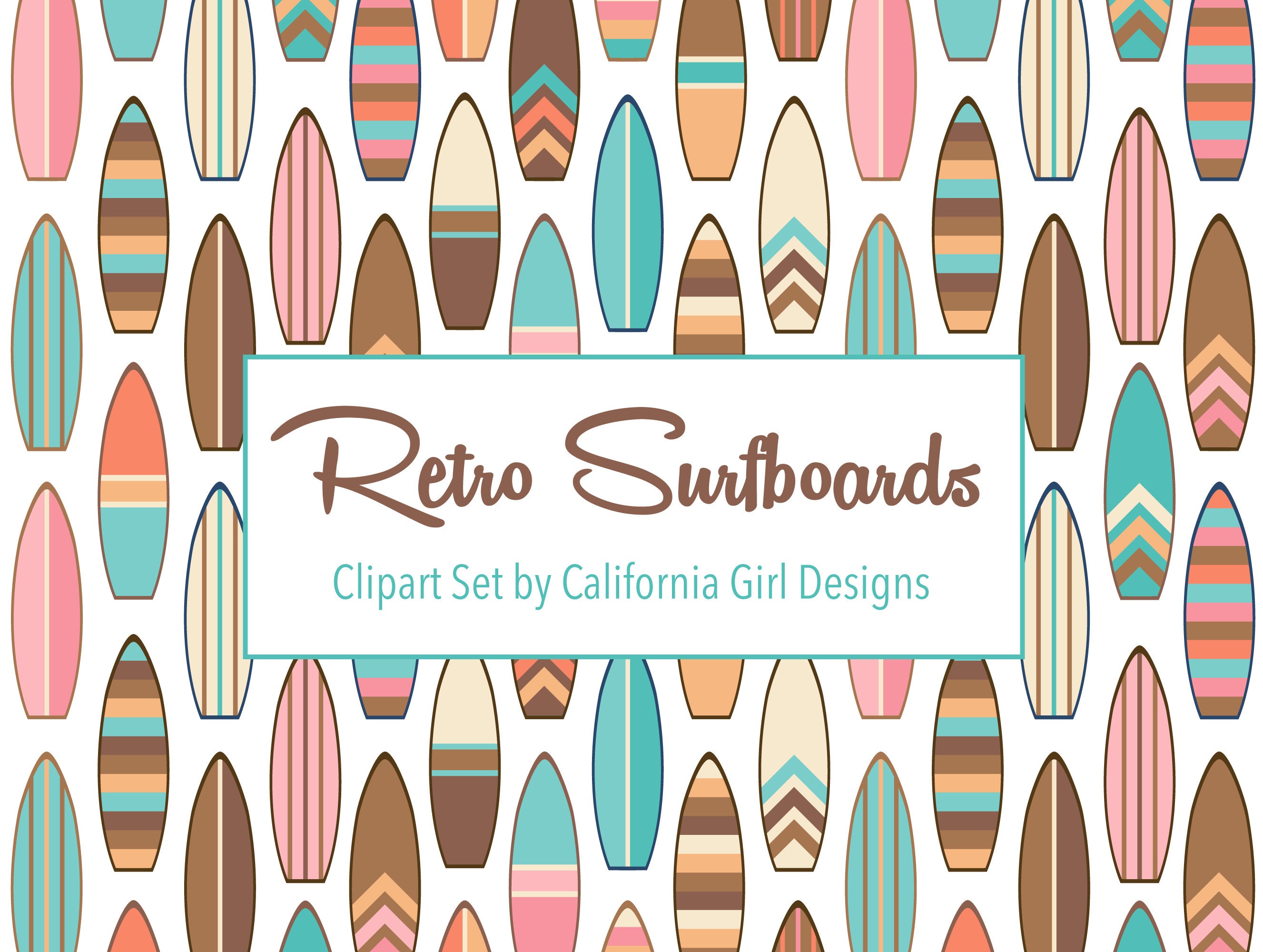 Retro Surfboards Digital Clipart Set 20 Vintage Shortboards, Instant