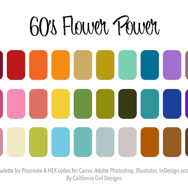 1960's Flower Power Color Palette for PROCREATE and HEX Codes (usable in Adobe, Canva, Figma, etc.) - 30 colors included