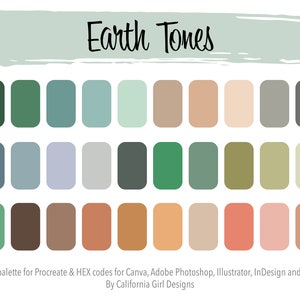 Earth Tones Color Palette for Procreate and HEX Codes for Canva and the Adobe Creative Suite - 30 Colors in Greens and Neutrals