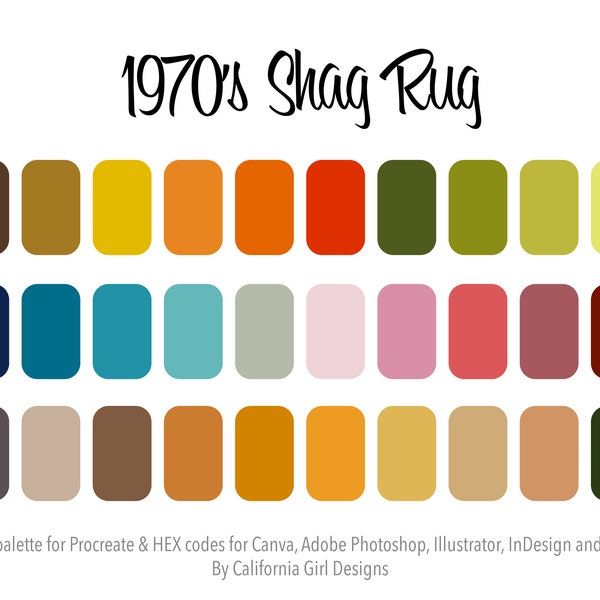 1970's Shag Rug Color Palette for Procreate and HEX Codes for Canva and Adobe Creative Suite - 30 Colors Included