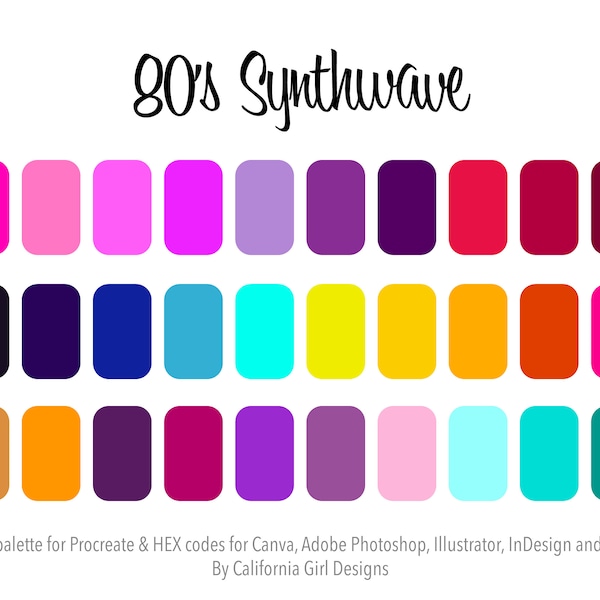 80's Synthwave Color Palette for PROCREATE (and HEX Codes For Use in Canva and Adobe Creative Suite - 30 Colors Included)