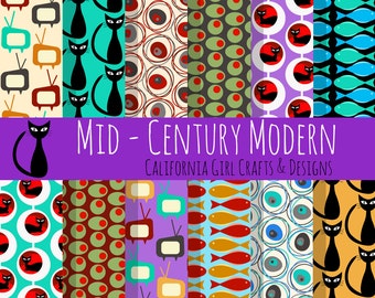 Mid Century Modern Digital Paper - Cool Cats, Fish, TVs, Circles, Martini Olives and Circle Patterns - 12 x 12 inches, 300 dpi