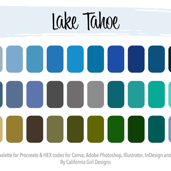 Lake Tahoe Color Palette for Procreate and HEX Codes for Canva and Adobe Illustrator, Photoshop, InDesign and more! Comes with 30 Colors