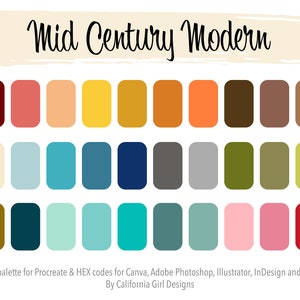 Palette de couleurs moderne du milieu du siècle pour les codes Procreate et HEX pour Canva et Adobe Creative Suite - 30 couleurs incluses