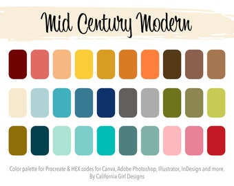 Mid Century Modern Color Palette for Procreate and HEX Codes for Canva and Adobe Creative Suite - 30 Colors Included