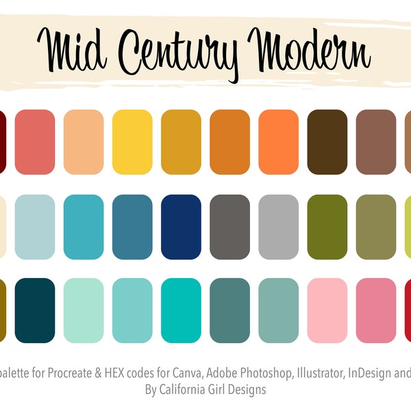 Mid Century Modern Color Palette for Procreate and HEX Codes for Canva and Adobe Creative Suite - 30 Colors Included