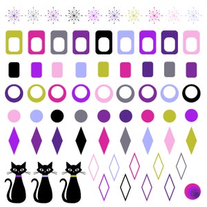 May include: A set of colorful retro-style shapes and designs, including stars, squares, circles, diamonds, and cats. The shapes are in various colors, including purple, pink, blue, green, and yellow.
