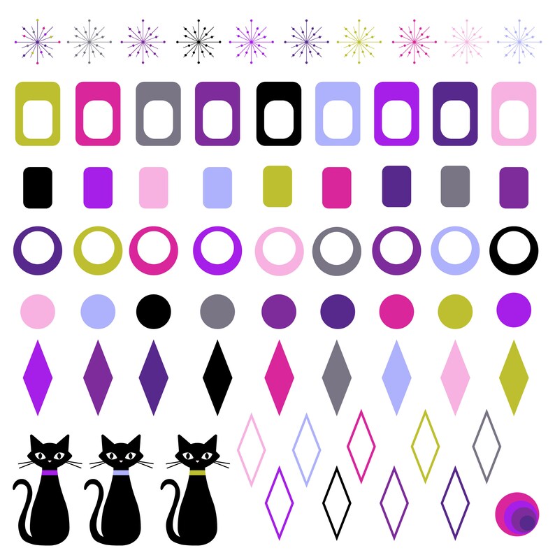 May include: A set of colorful retro-style shapes and designs, including stars, squares, circles, diamonds, and cats. The shapes are in various colors, including purple, pink, blue, green, and yellow.