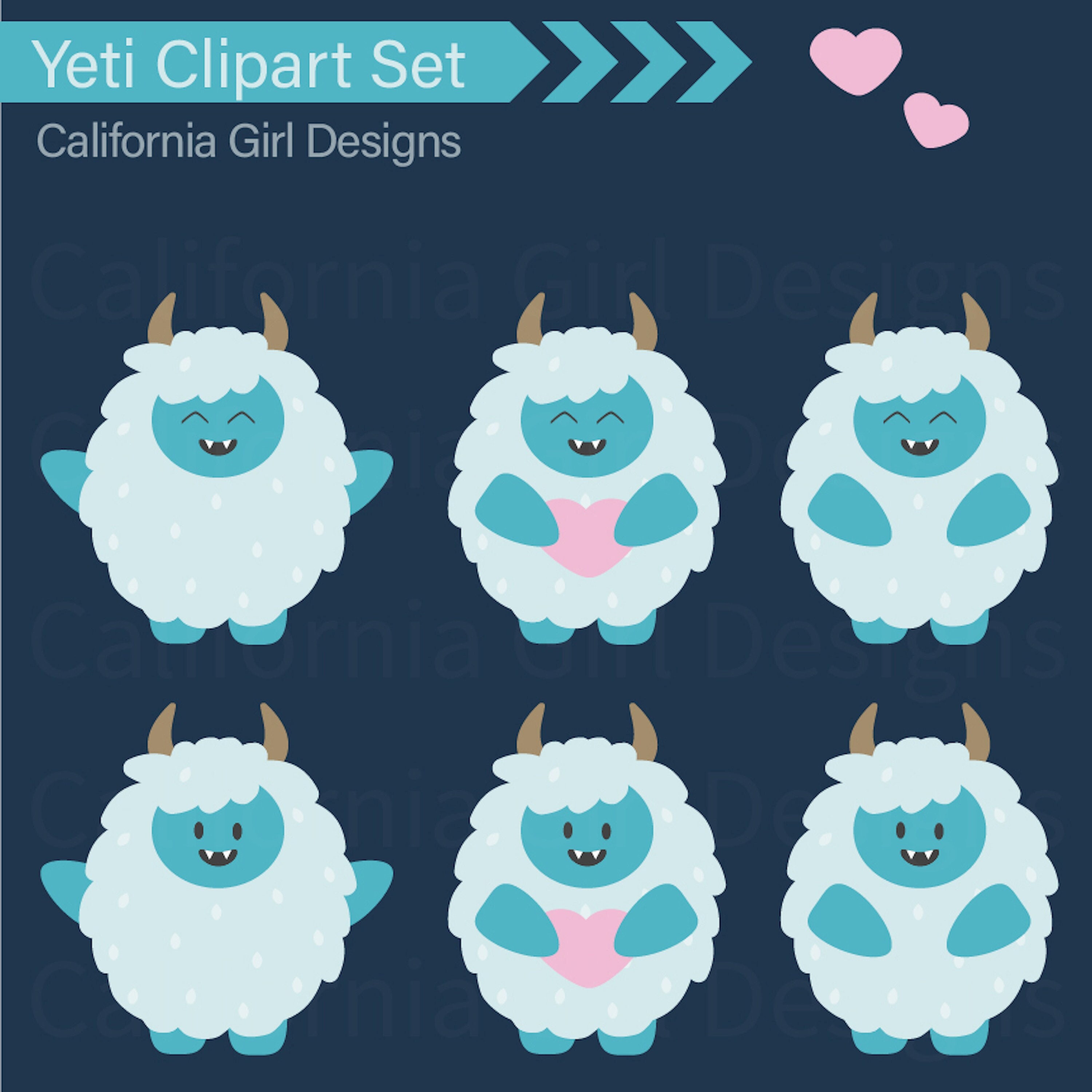 Winter Yeti Clipart Set Cute Yetis With Mountains and Hearts Etsy