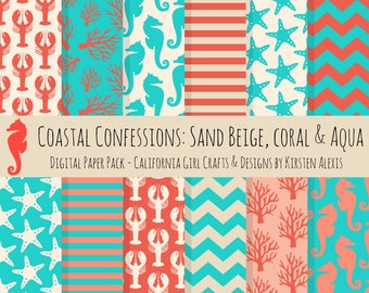 Coastal Digital Paper Pack – Seahorse, Coral, Lobster (Instant Download)
