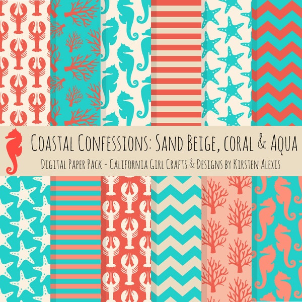 Coastal Confessions Digital Paper - Instant Download - Seahorses, Coral, Starfish, Lobsters, Chevron, Stripes, Coral Red, Aqua & Sand Beige