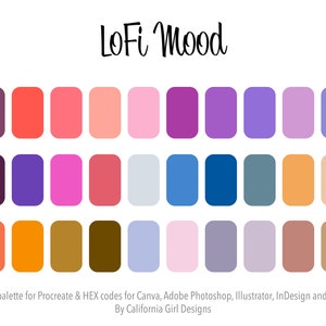 May include: A color palette with the text "LoFi Mood" at the top. The palette features a variety of rectangular color swatches in shades of purple, pink, orange, blue, and brown. Text at the bottom indicates the palette is for Procreate and other design software.