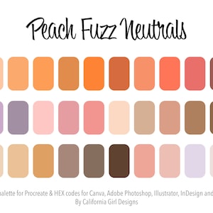 May include: A color palette with 18 different shades of peach, pink, brown, and beige. The palette is titled "Peach Fuzz Neutrals".