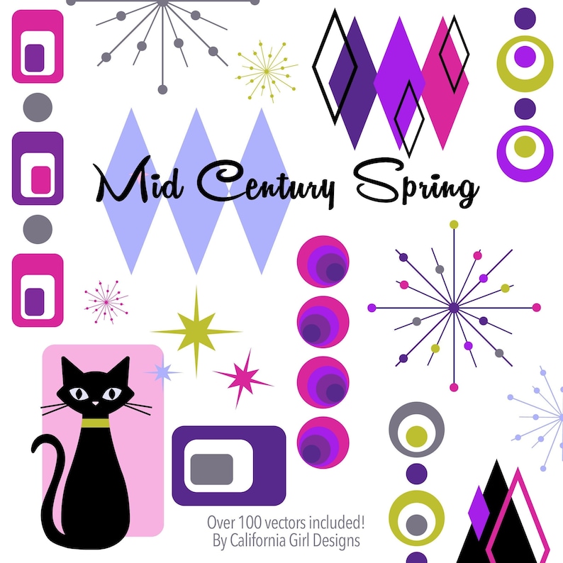 May include: Mid Century Spring graphic design elements in a retro style with a black cat, geometric shapes, stars, and circles in shades of pink, purple, blue, green, and yellow.