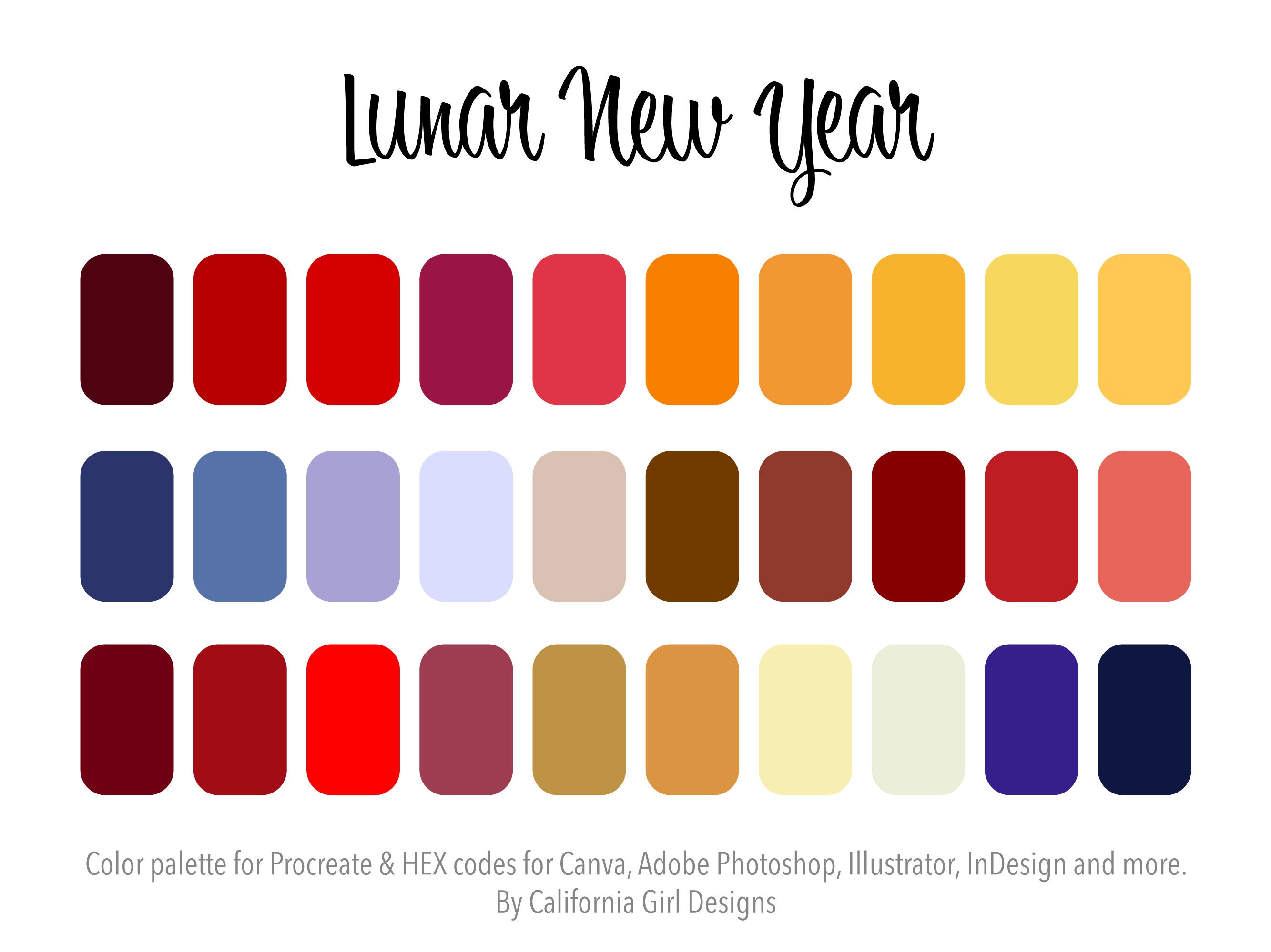 Lunar New Year Color Palette for Procreate and HEX Codes for Canva and  Adobe Creative Suite 30 Colors Included 