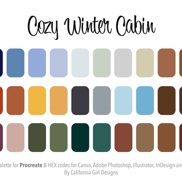 Cozy Winter Cabin Color Palette for Procreate (and HEX Codes for Canva and Adobe Creative Suite - 30 Colors Included)