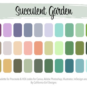 May include: A color palette with the title "Succulent Garden" featuring 24 color swatches in shades of purple, lavender, blue, green, brown, beige, pink, and peach.