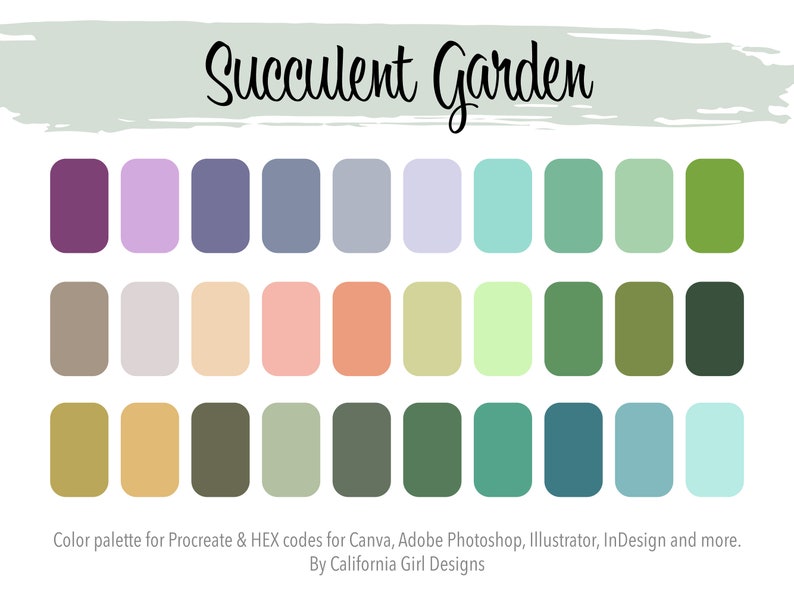 May include: A color palette with the title "Succulent Garden" featuring 24 color swatches in shades of purple, lavender, blue, green, brown, beige, pink, and peach.
