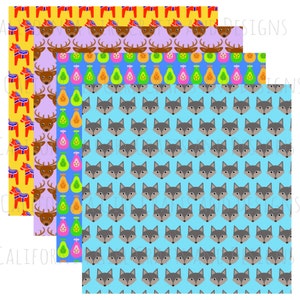 May include: Four digital paper patterns featuring a repeating design of a wolf, deer, pear, and a Swedish Dala horse. The patterns are in shades of blue, green, yellow, pink, and gray.