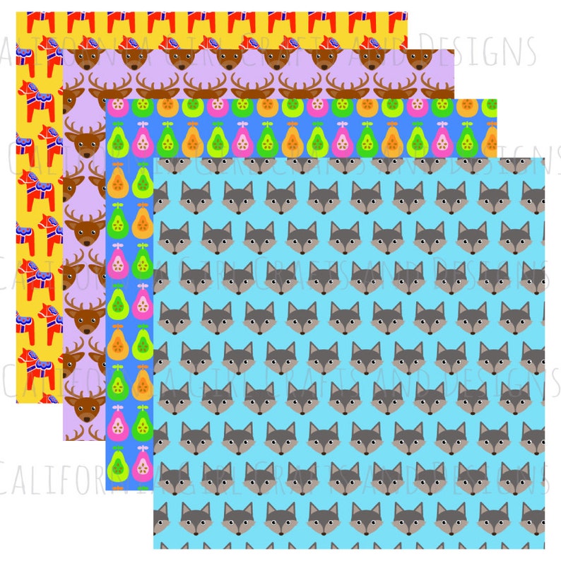 May include: Four digital paper patterns featuring a repeating design of a wolf, deer, pear, and a Swedish Dala horse. The patterns are in shades of blue, green, yellow, pink, and gray.