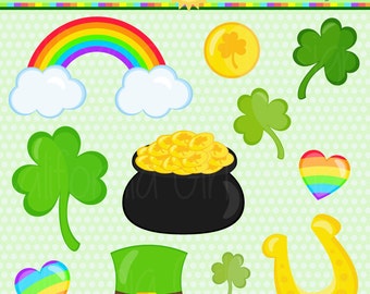 St Patrick's Day Clipart – Shamrocks, Rainbow, Pot of Gold (Digital Download)
