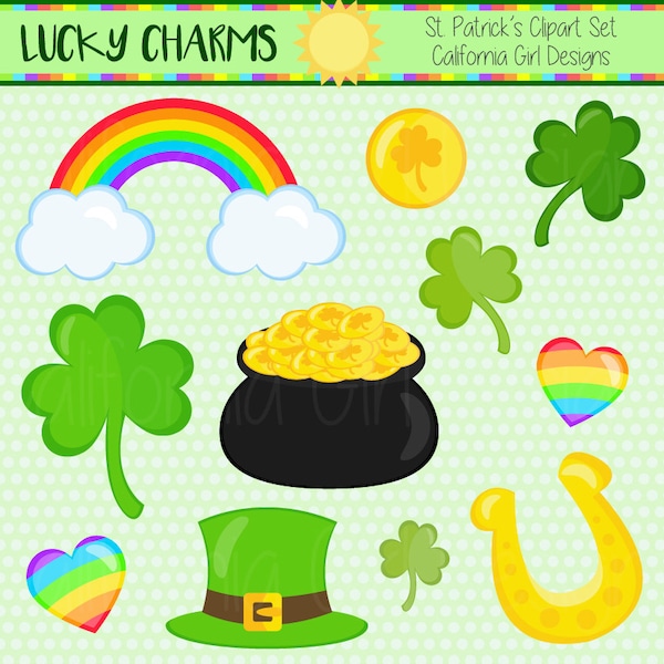 LUCKY CHARMS - St Patrick's Day Clipart Set - Shamrocks, Clovers, Rainbow, Coins, Pot of Gold, Horseshoe, Leprechaun Hat and Hearts