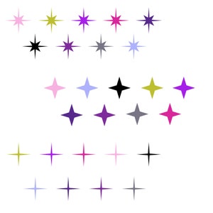 May include: A collection of 24 sparkling stars in various colors, including pink, purple, blue, green, black, and gray. The stars are arranged in a pattern, with some stars overlapping others.