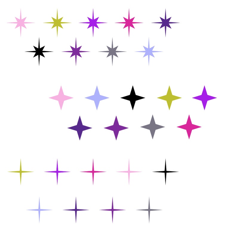 May include: A collection of 24 sparkling stars in various colors, including pink, purple, blue, green, black, and gray. The stars are arranged in a pattern, with some stars overlapping others.